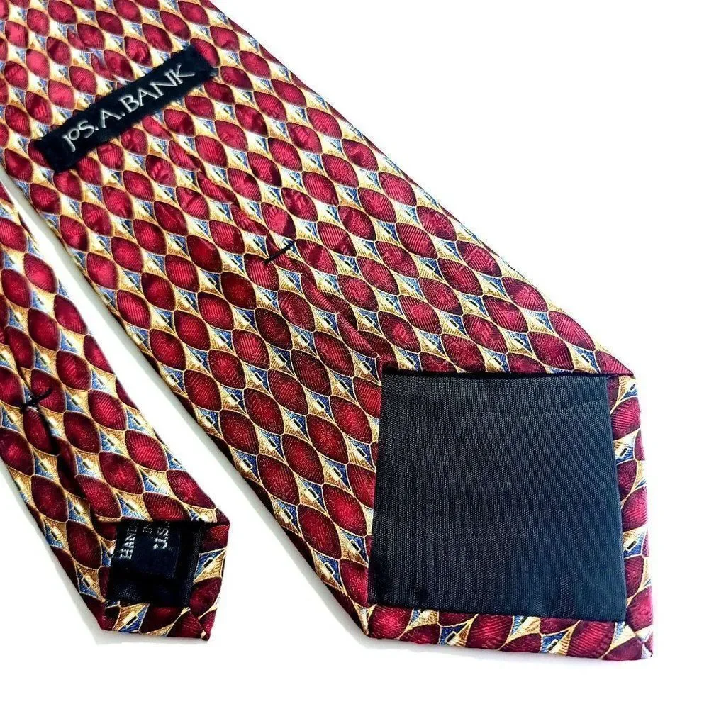 Jos A Bank Red Tan Gray Geometric‎ Jacquard Print Wide Silk Tie